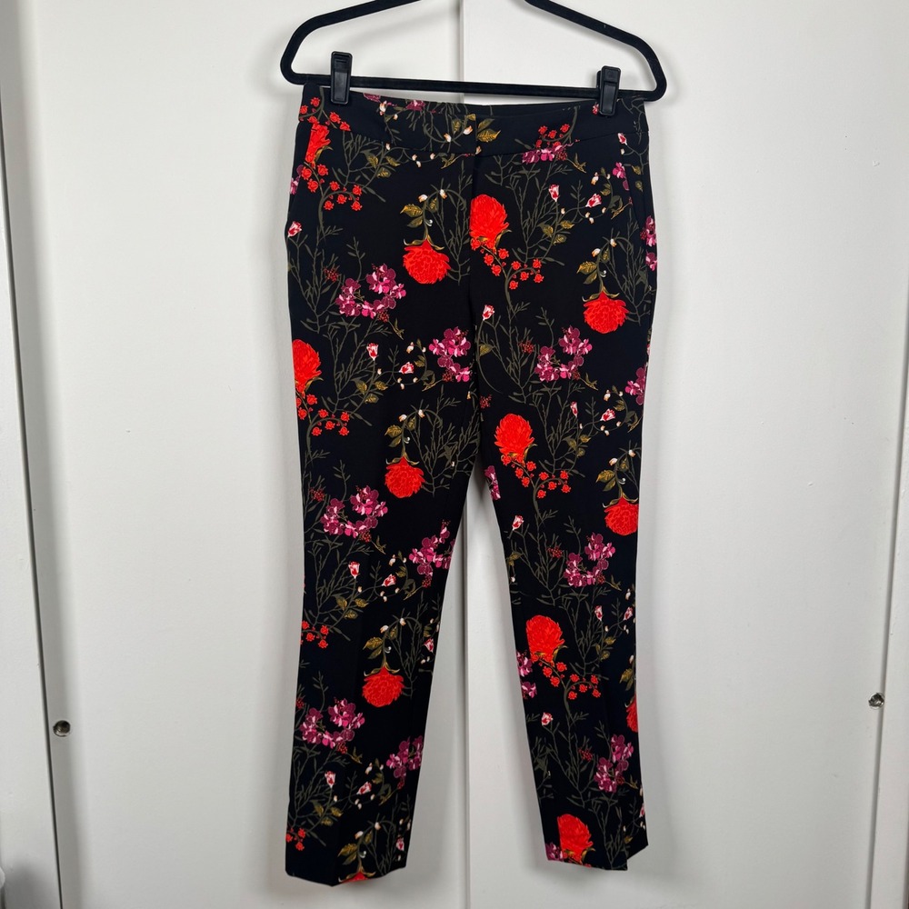 Cynthia Rowley Womens Floral Ankle Pants Black Red Pink Stretch Trousers Size 6